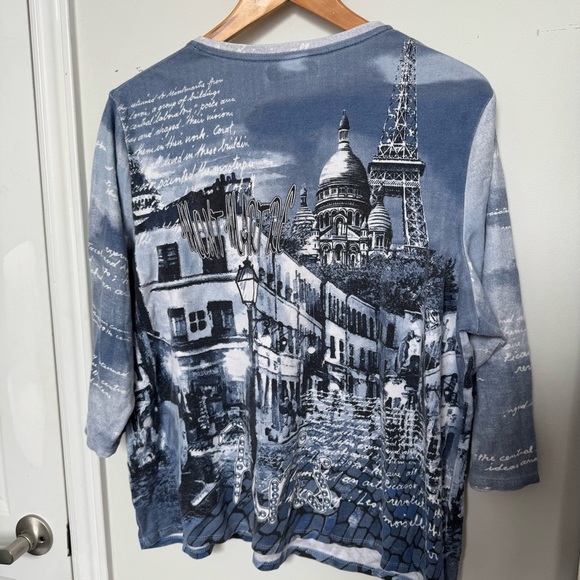 Paris Graphic V-Neck Top • Eiffel Tower & Montmartre Print Tee Y2K XL - Picture 4 of 5